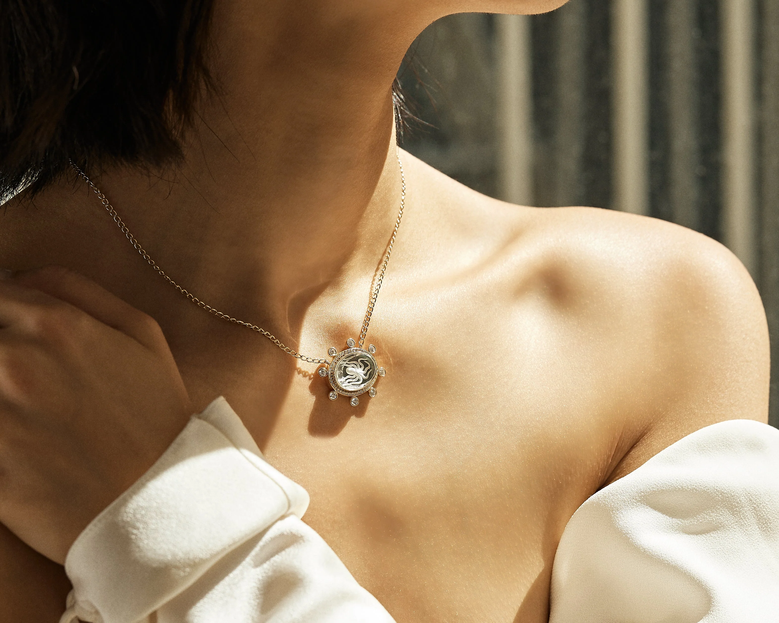 Large Octopus Caspian Necklace- Grey Mother-of-Pearl, Diamond and Emerald - Image 3