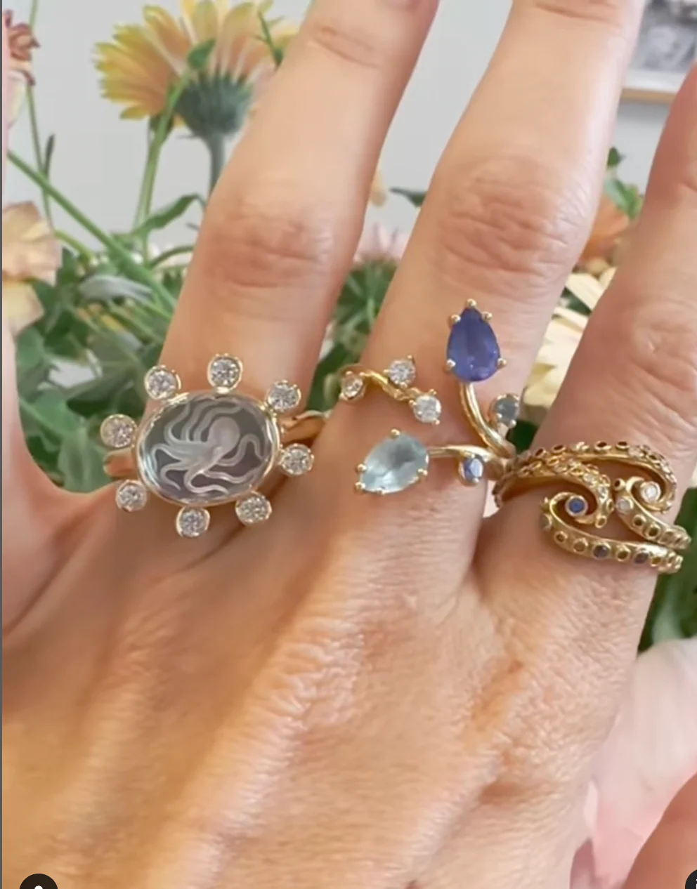 Small Octopus Caspian Ring- Grey Mother-of-Pearl and Diamond - Image 3