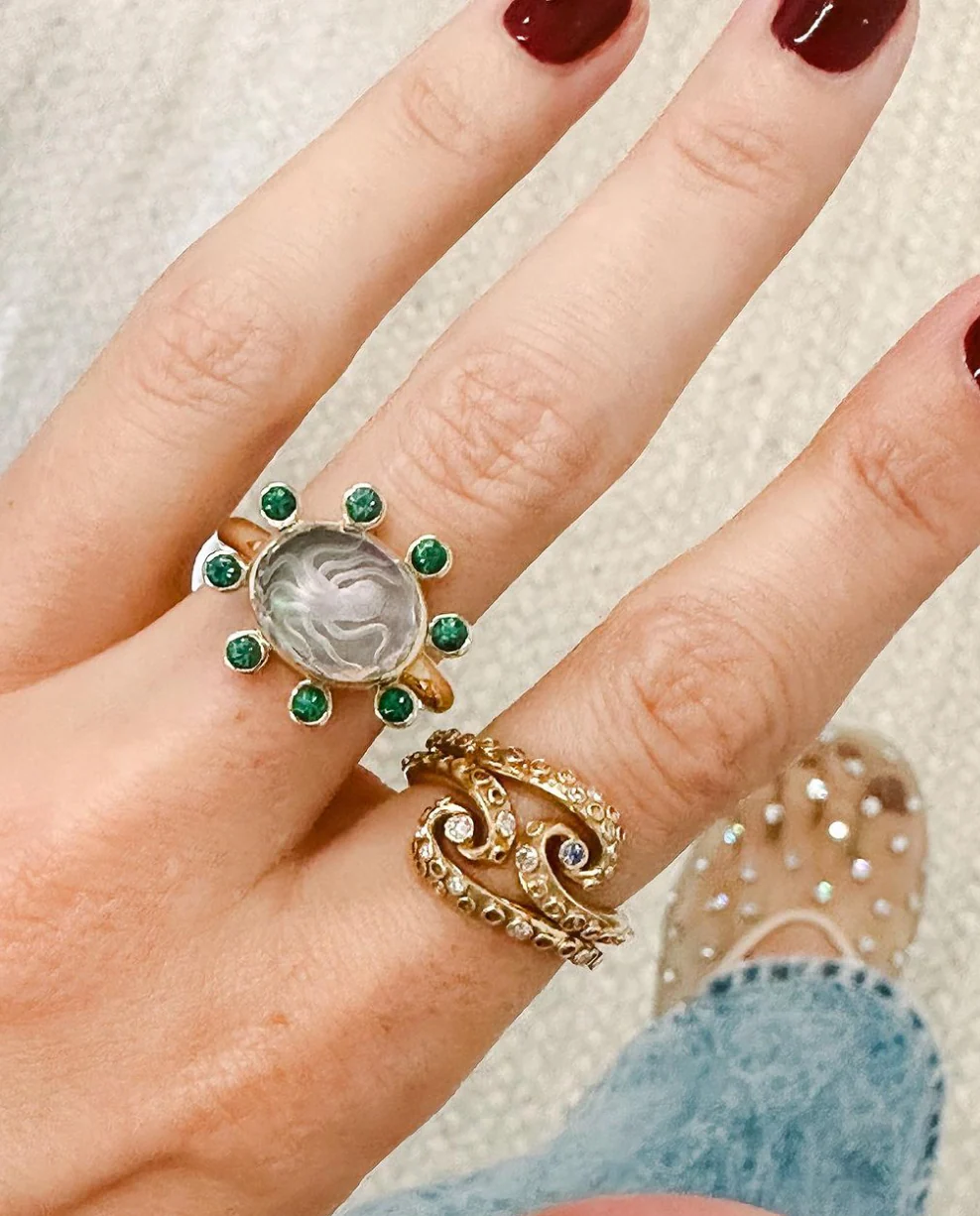 Small Octopus Caspian Ring- Grey Mother-of-Pearl and Emerald - Image 3